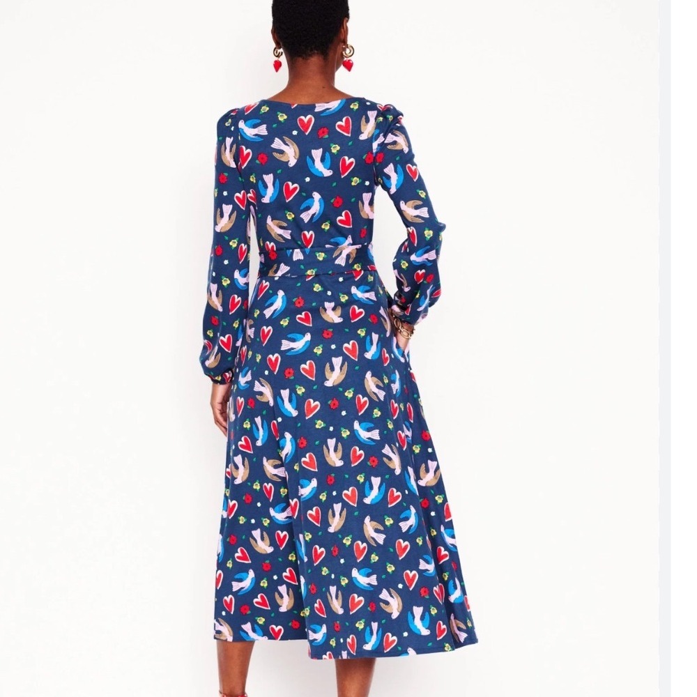 Boden Leandra Navy Blue Bird Dove Heart Print Long Sleeve Midi Dress Tie Waist 8 - Picture 3 of 13